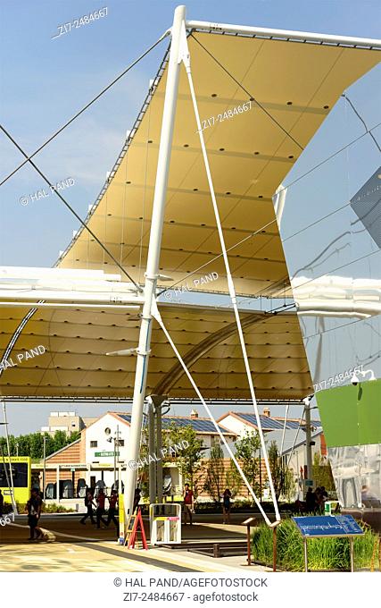 MILAN, ITALY - August 05: EXPO 2015, foreshortening of membrane tensile shading structure of Decumano walk, shot on aug 05 2015 Milan, Italy