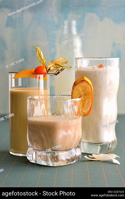 Nut and banana shake, coconut and grapefruit lemonade, and a tropical drink