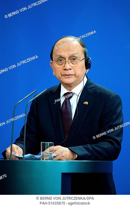 The President of Myanmar, Thein Sein, speaks at a press conference with German Chancellor Angela Merkel (CDU) in the Chancellery in Berlin, Germany