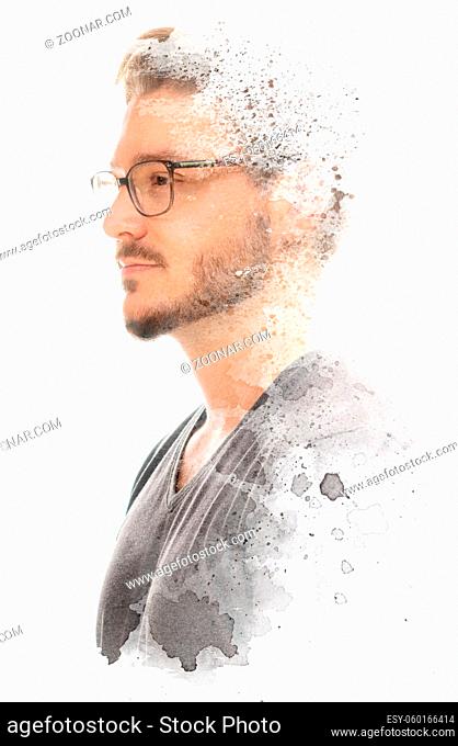 Paintography. Portrait of a man combined with splashes of paint