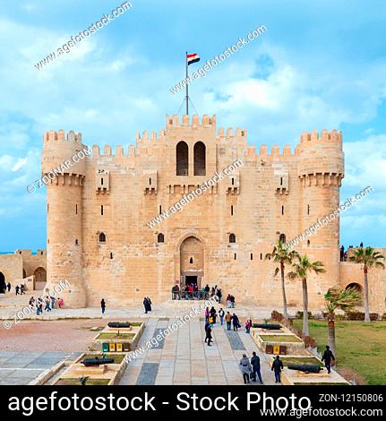 Alexandria, Egypt - January 25, 2018: Citadel of Qaitbay, a 15th century defensive fortress located on the Mediterranean sea coast