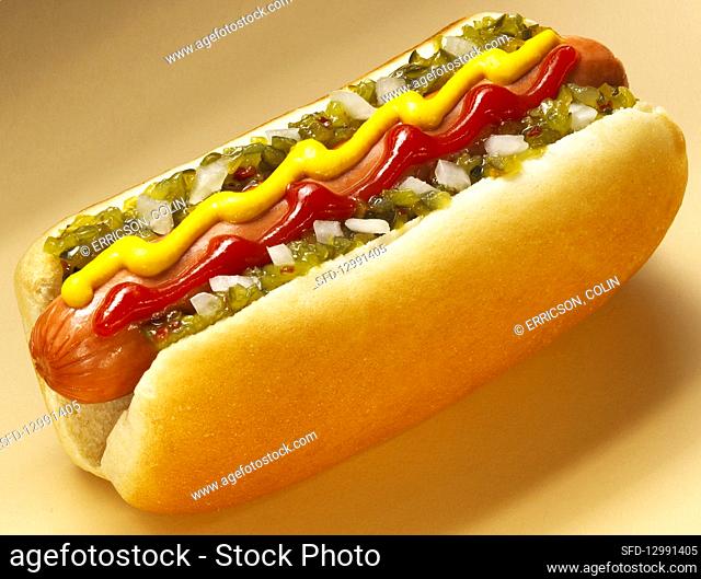 Hot dog with relish onion ketchup mustard