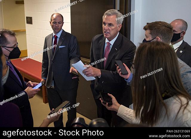 United States House Minority Leader Kevin McCarthy (Republican of California) stops to talk with reporters as he departs a news conference at the US Capitol in...