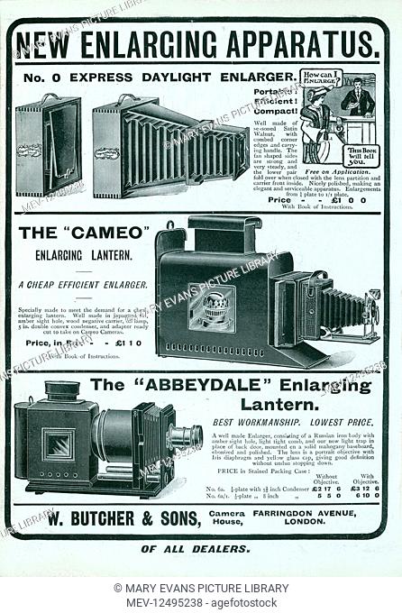 Advertisement from W.Butcher and Sons camera house based in London, England. The advert promotes 3 different enlargers for creating photographic prints