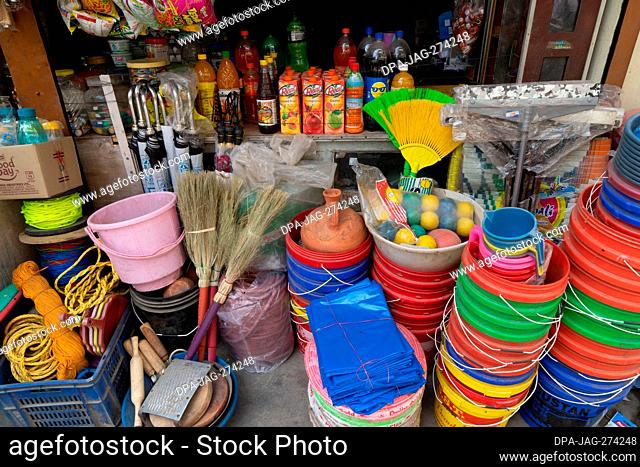 Colorful plastic buckets, Hardware Shop, Almora, Uttarakhand, India, Asia