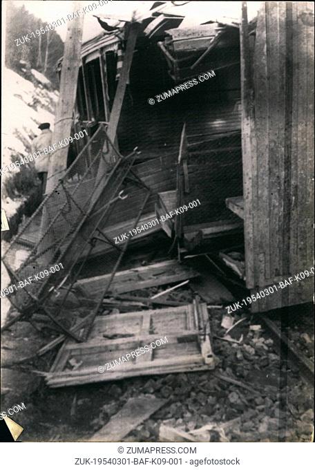 Mar. 01, 1954 - PYRENEES SKI CAR ---KED O KILLED: A MOUNTAIN --- -RAILWAY TRAIN RACKED WITH SKIERS PLUNGED INTO A DEEP RAVINE IN THE PYRENEES MOUNTAINS
