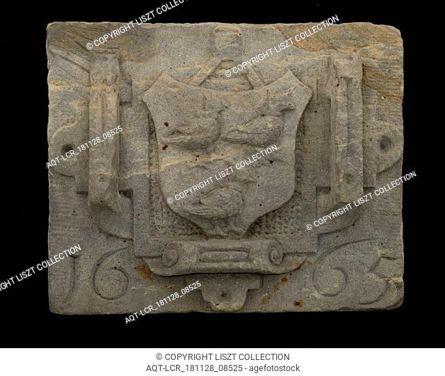 Stone with arms three crowned birds in cartouche and 1665, gable sculpture sculpture material component sandstone stone, sculpted Rectangular cartouche and coat...