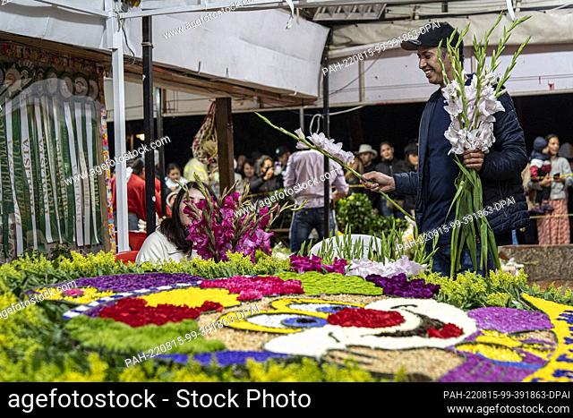 14 August 2022, Colombia, Santa Elena Antioquia: A man works on decorating a ""silleta"", an image designed with flowers