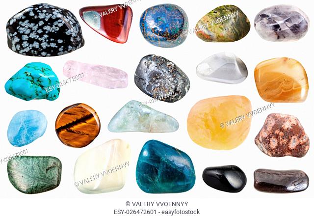 set of various polished natural mineral stones and gemstones - howlite, turquenite, obsidian, unakite, epidosite, apatite, leopardskin jasper, magnetite