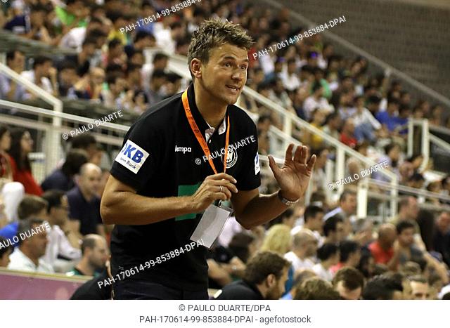 GermanyÂ·s head coach Christian Prokop reacts towards his players during the Euro 2018 Qualification Group 5 handball match between Portugal and Germany in...