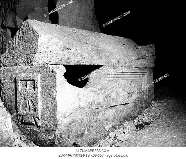 Oct. 12, 1967 - Bethlehem, Israel - A sarcophagus in the catacombs of Beit She'arim. Also known as Besara, 'The Strangers House