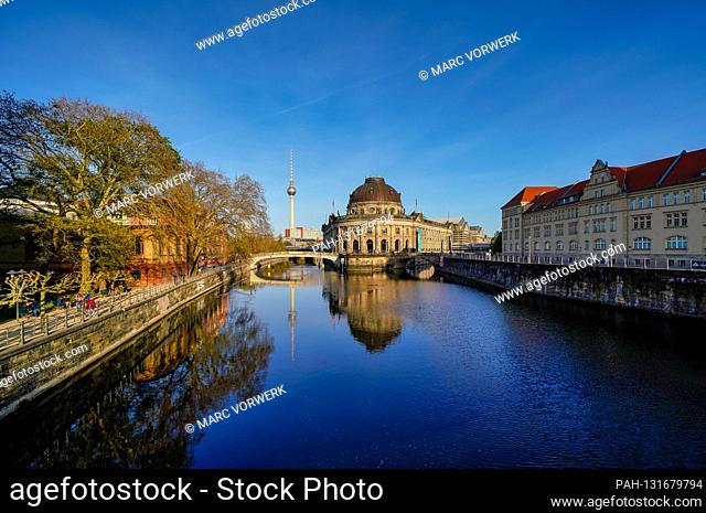 April 11, 2020, Berlin, the Bode Museum on the northern tip of Museum Island on a late spring juice day. The Spree Island in the historic center of the German...
