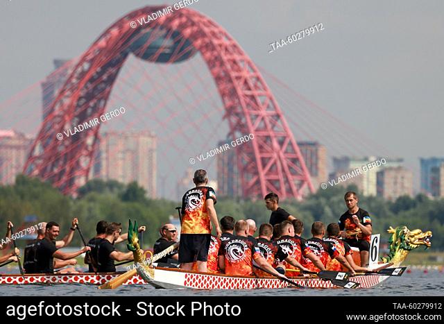 RUSSIA, MOSCOW - JULY 6, 2023: Teams are seen during the 2023 Russian Dragon Boat Racing Championships on Moskva Rowing Canal in Krylatskoye