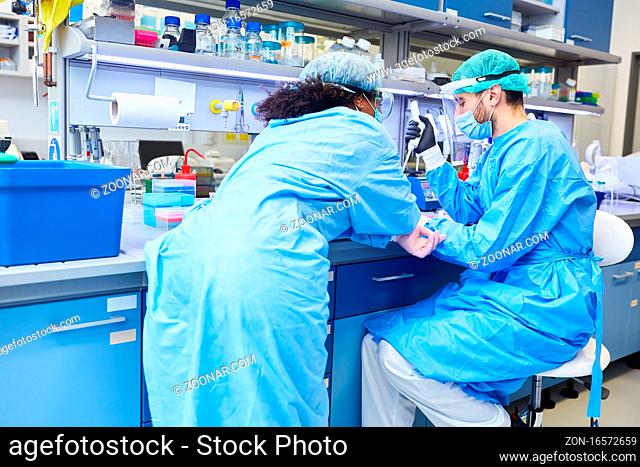 Zwei Forscher im Labor bei Zusammenarbeit an Covid-19 Impfstoff bei Coronavirus Pandemie