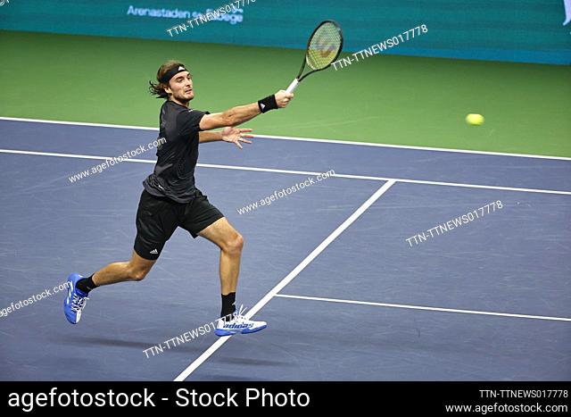 Stefanos Tsitsipas of Greece in action against Mikael Ymer of Sweden during their quarterfinal tennis match at the Stockholm Open tennis tournament in Stockholm