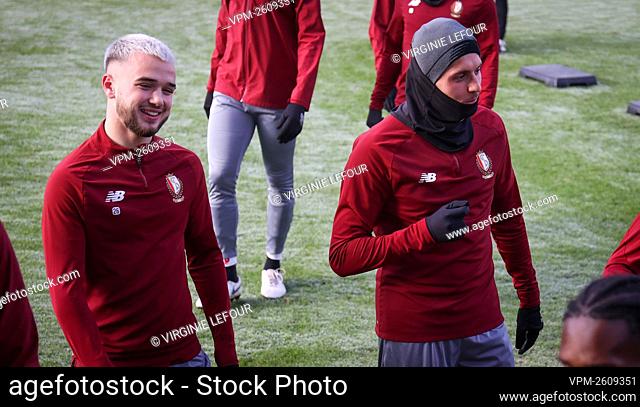 Standard's Nicolas Raskin and Standard's Selim Amallah pictured during a training session of Belgian soccer club Standard de Liege, Wednesday 09 December 2020