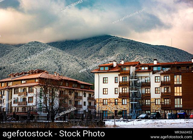 Bansko, Bulgaria-February 11 .2020. Old streets of Bansko in Bulgaria.Nice Sunny weather. Holidays people relax in the ski resort in the winter
