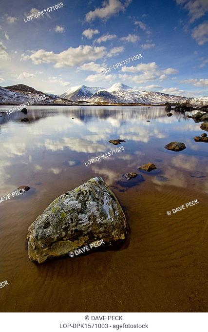 Scotland, Perth and Kinross, Rannoch Moor. Still calm waters on Rannoch Moor, a 50 square mile plateau surrounded by mountains