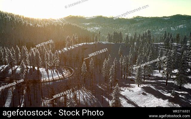 colorful winter sunrise in the mountain forest with snow