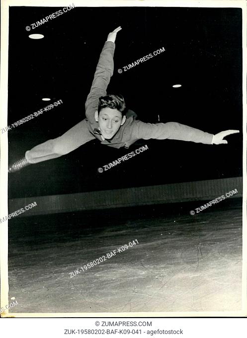 Feb. 02, 1958 - European Ice Skating Championships. A fine action shot of A. Calmat, of France who was placed third in the Men's Figure Skating - at the...