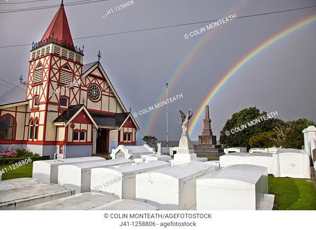 Rainbows over Maori owned Church of St Faith, Ohinemutu, Rotorua