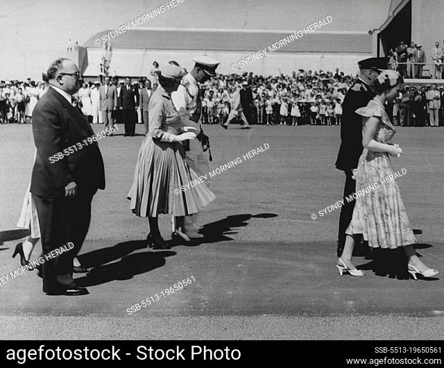 Queen & Q'Land Governor Sir John Lavarack, Duke & Lady Lavarack Premier V. C. Gair & Mrs. Gair on arrival Eagle Farm airport, Brisbane. March 12, 1954