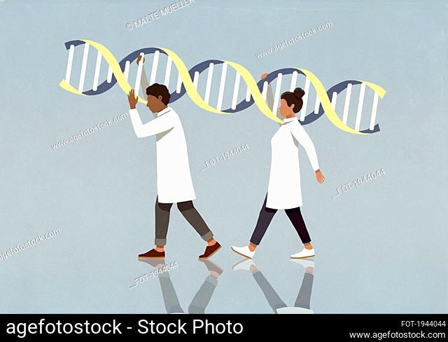 Scientists in lab coats carrying large double helix