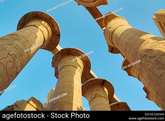 Top of columns in Karnak temple with ancient egypt hieroglyphics