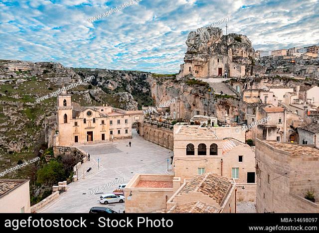 View of churches of Saint Mary of Idris and Saint Peter Caveoso in historic downtown Matera, Southern Italy