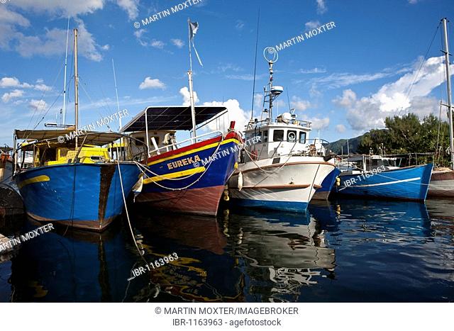 Fishing boats in the harbor of Victoria, Mahe Island, Seychelles, Indian Ocean, Africa