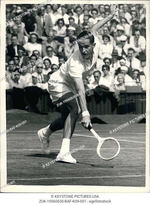 Jun. 30, 1956 - Wimbledon Tennis Championships. M.J. Anderson Versus N. Pietrangeli. Photo shows M. J. Anderson (Australis), in play against N