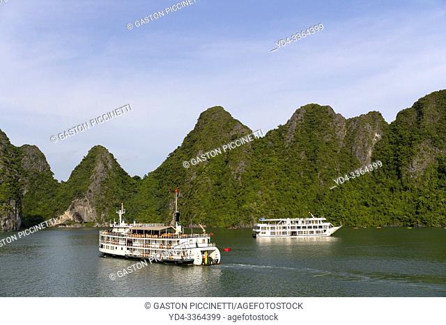 Boat and cruises by Halong Bay listed as World Heritage by UNESCO, Quang Ninh Province, Vietnam, Asia