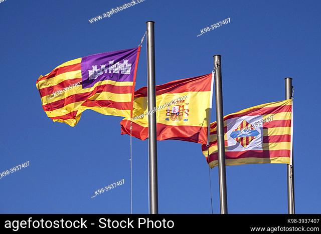 flags of the people, the community and the country, Inca, Mallorca, Balearic Islands, Spain