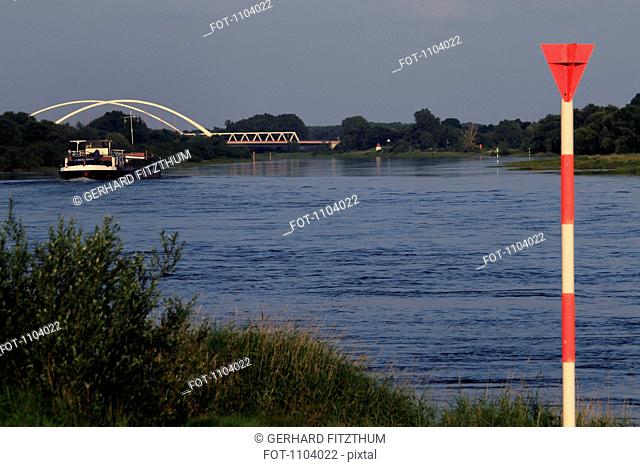 High water measuring pole, Elbe River, Germany