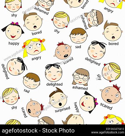 Heads of children with different emotions on their faces, seamless background