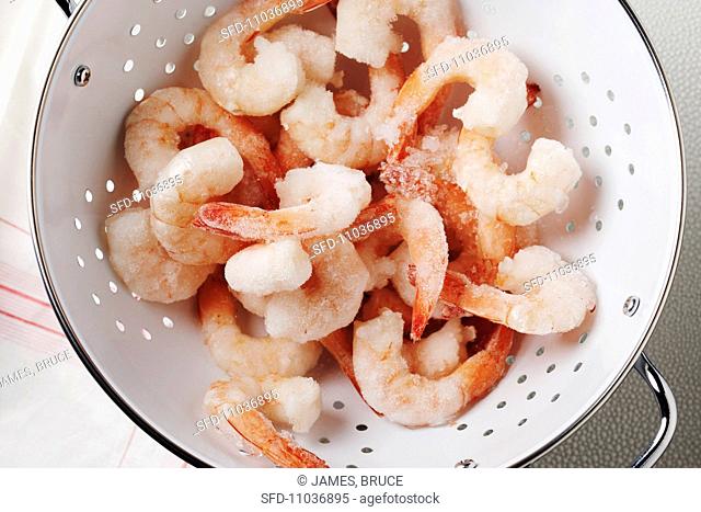 Precooked Frozen Shrimp in a Colander, From Above