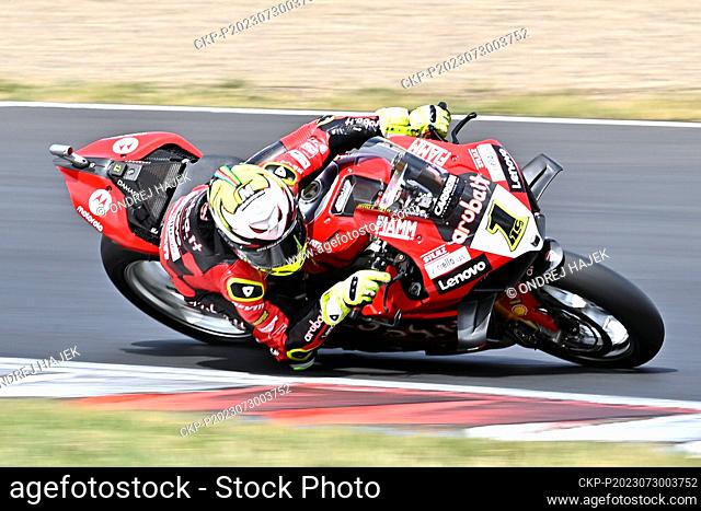 Alvaro Bautista from Spain competes in Race 2 during the 2023 Superbike World Championship, on July 30, 2023, in Most, Czech Republic