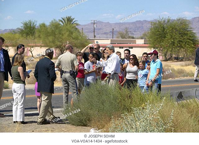 Senator John Kerry on a campaign stop in Baker, California, near Death Valley in August of 2004 on the Believe in America coast to coast tour