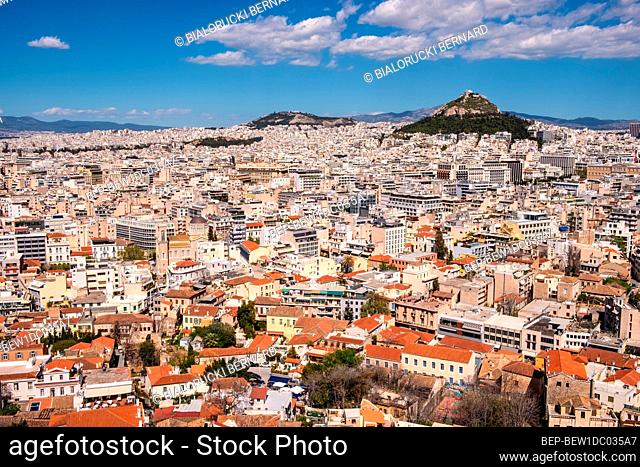 Athens, Attica / Greece - 2018/04/02: Panoramic view of metropolitan Athens with Lycabettus Lycabettus hill and Pedion tou Areos park seen from Areopagus rock