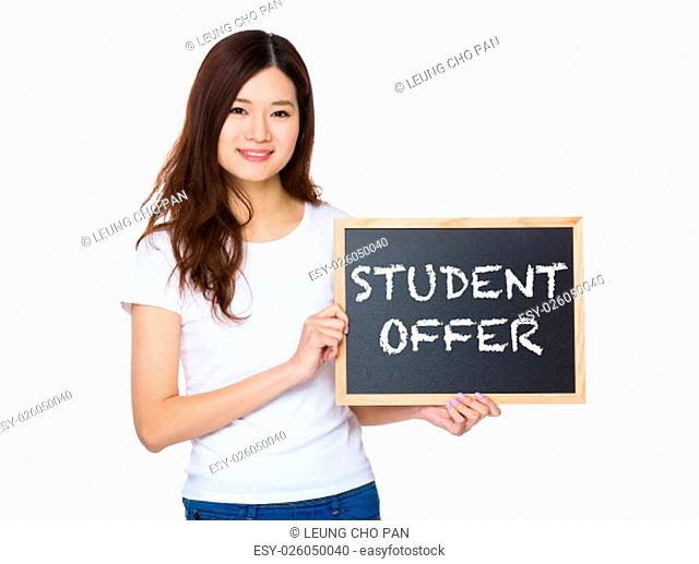 Woman with the chalkboard showing student offer