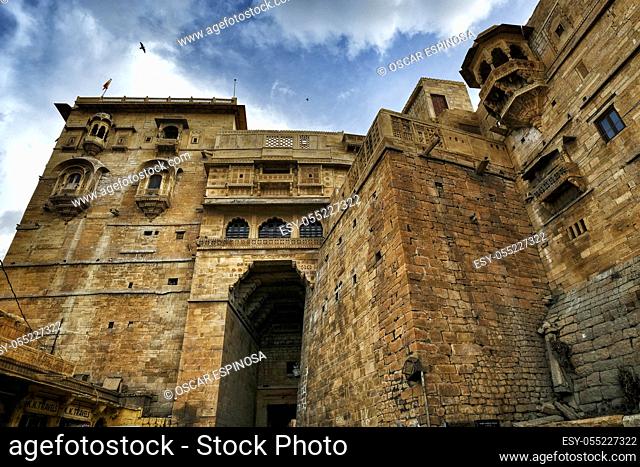 Jaisalmer, India - August 2020: Entrance gate to the Jaisalmer Fort on August 20, 2020 in Jaisalmer, Rajasthan, India