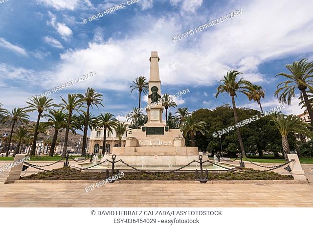 Cartagena cityscape, Old fountain in the historical city downtown of Cartagena, Murcia, Spain