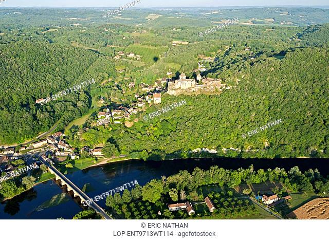 France, Dordogne, Sarlat. An aerial view of Chateau Castelnaud and surrounding countryside