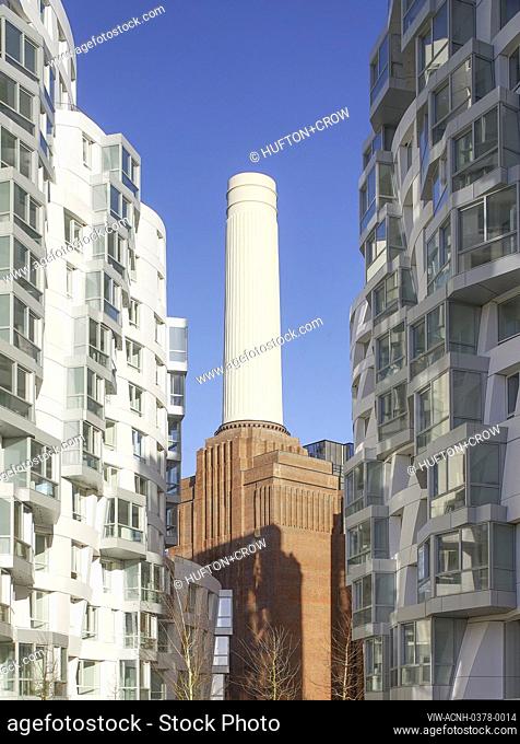 Prospect Place in juxtaposition to iconic Battersea Power Station building. Prospect Place Battersea Power Station Frank Gehry, London, United Kingdom