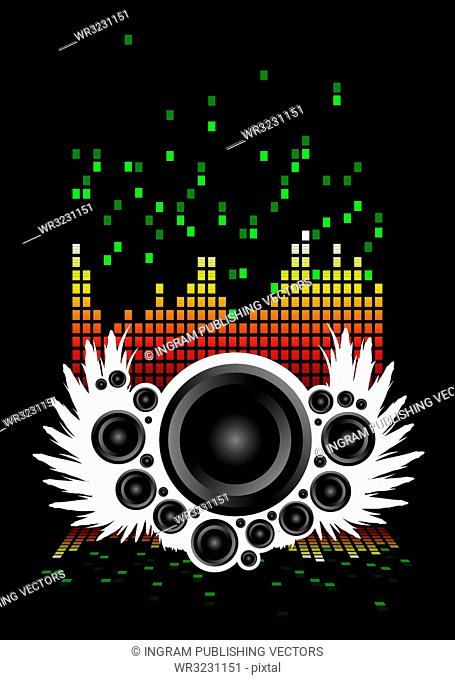 Abstract illustrated musical background with speakers and wings
