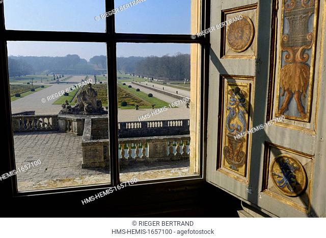 France, Seine et Marne, Maincy, Chateau de Vaux le Vicomte, view of the gardens and painted interiors shutters