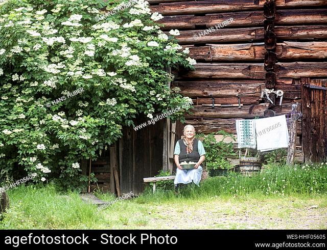 Senior female farmer sitting by elderberry plant in front yard