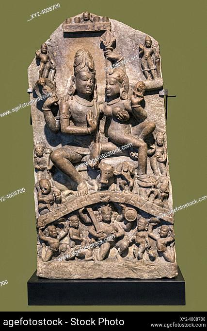 Sandstone stele of Hindu deity Shiva and his family, from Northern India and dating from around the 9th century. Asian Civilisations Museum