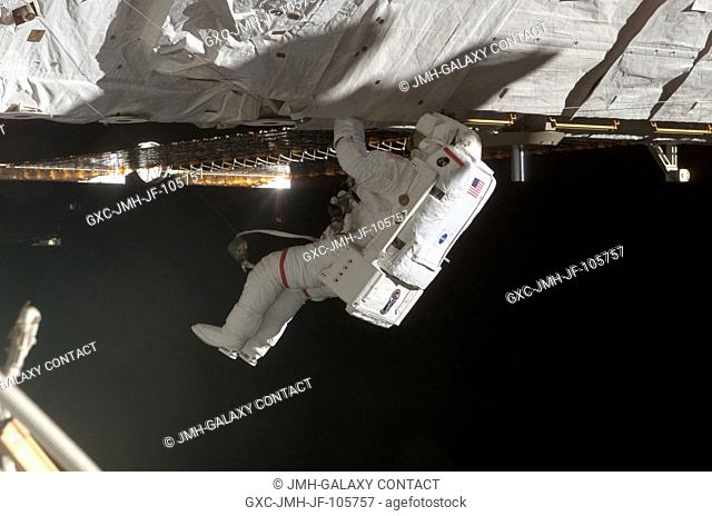 Astronaut Joseph R. Tanner, STS-115 mission specialist and a veteran NASA spacewalker, is pictured during work on the P3P4 truss on the third and final EVA
