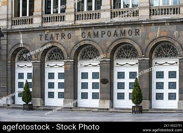 Facade of the Campoamor Theater in the city of Oviedo, Uvieu, in Asturias